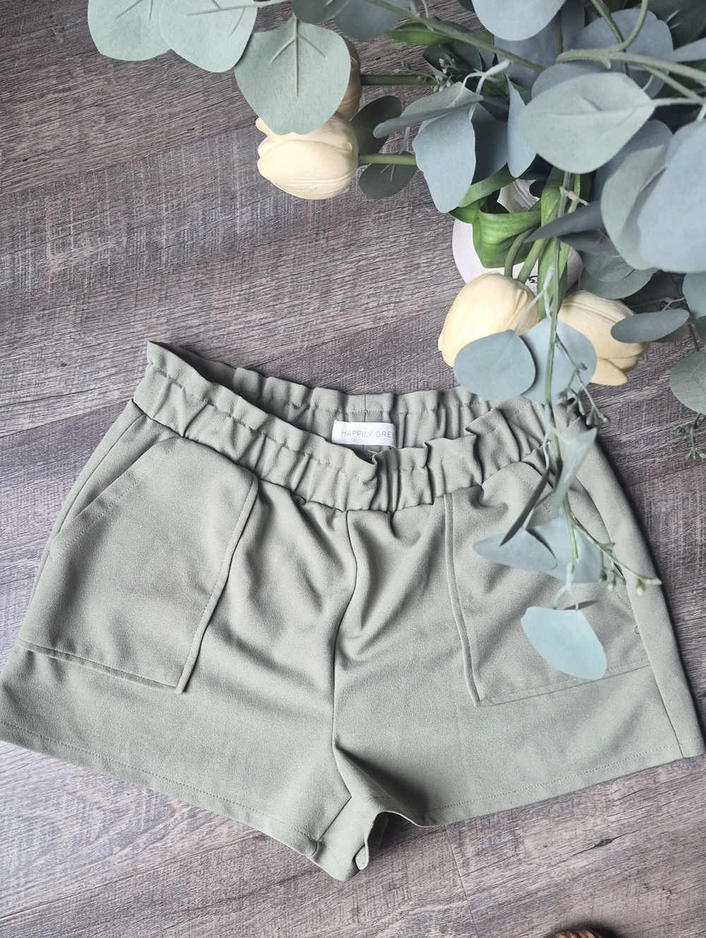 Happily Grey Junior's Paperbag Trouser Shorts w/ Pockets Size L Olive